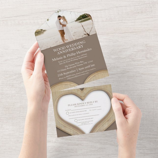 5th wood heart wedding anniversary photo brown all in one invitation (Tearaway)