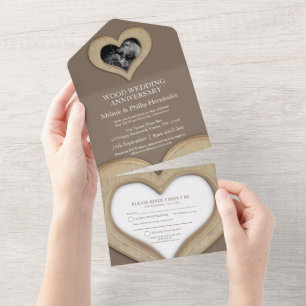 5th wood heart wedding anniversary photo brown all in one invitation
