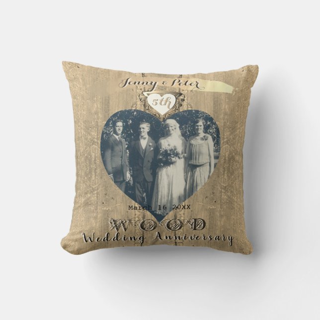 5th Wood Image Photo Heart Throw Pillow (Front)
