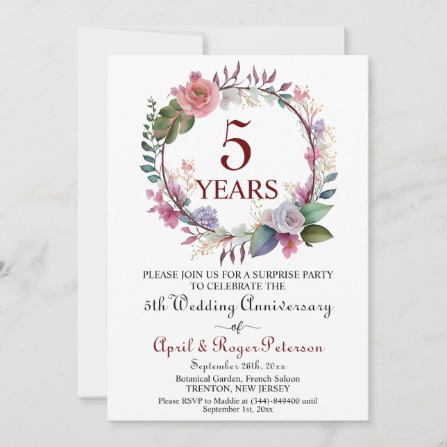 5th Wood Surprise Wedding Anniversary Floral Invitation (Front)