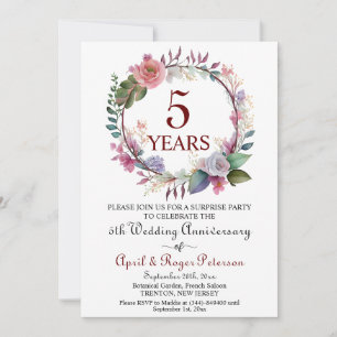 5th Wood Surprise Wedding Anniversary Floral Invitation