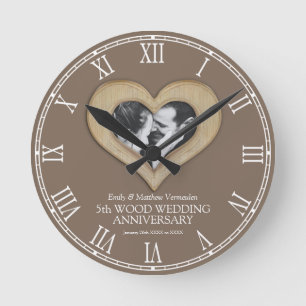5th Wood wedding anniversary custom photo heart Round Clock
