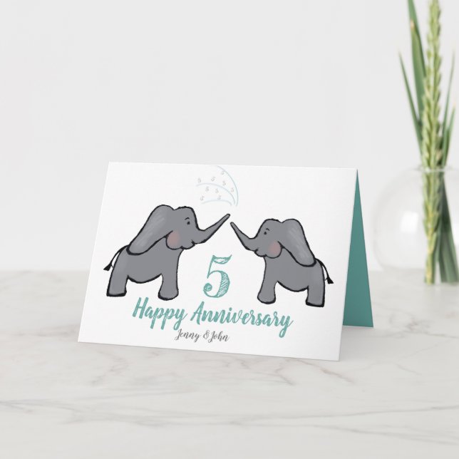 5th wood wedding anniversary cute elephant card (Front)