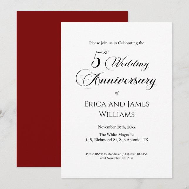 5th Wood Wedding Anniversary Elegant Script Invitation (Front/Back)