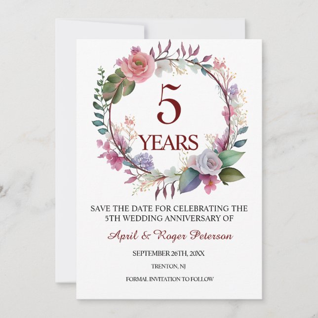 5th Wood Wedding Anniversary Floral Save The Date (Front)