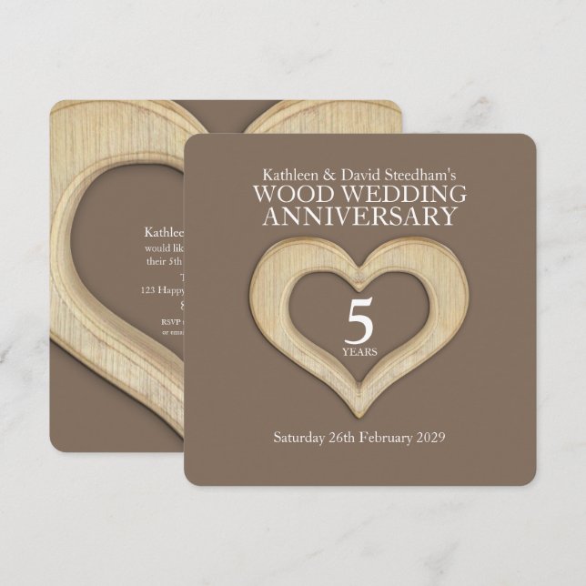 5th wood wedding anniversary heart party invites (Front/Back)
