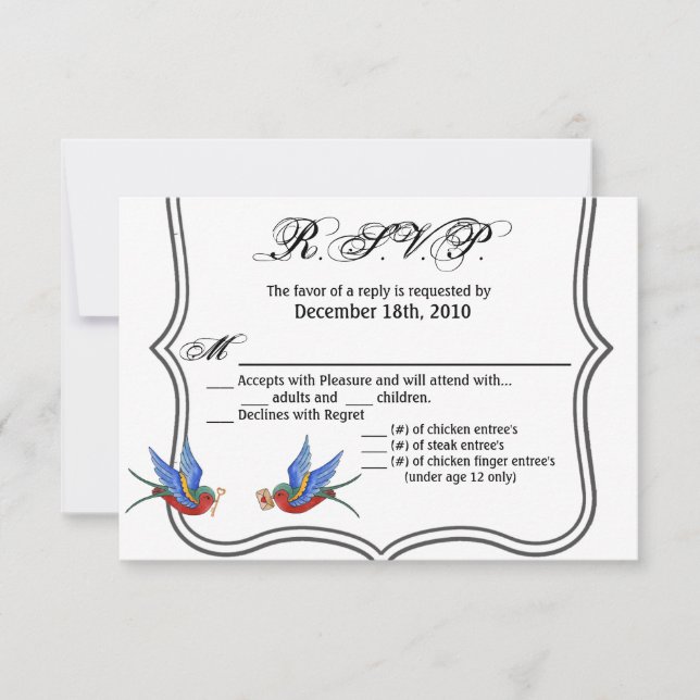 5x3.5 R.S.V.P. Card Traditional Bird Tattoo Sparro (Front)