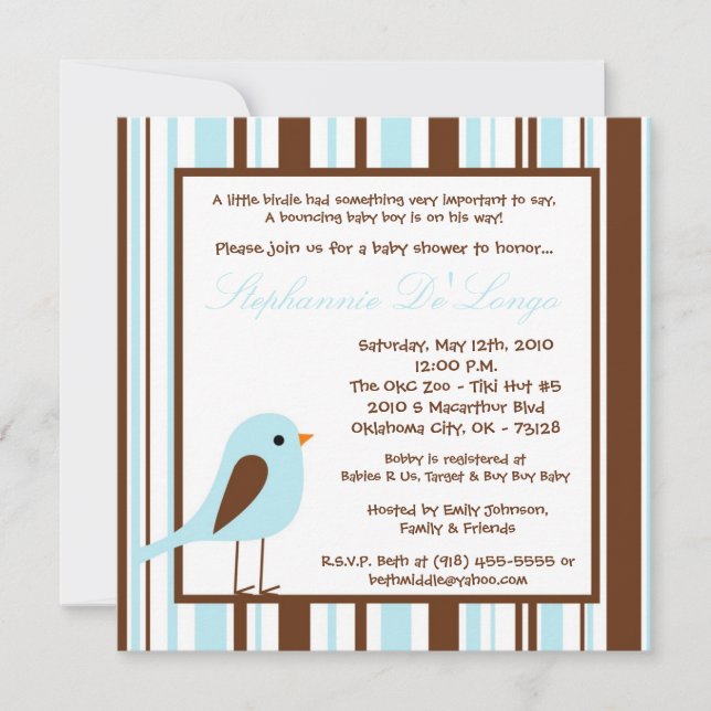 5x5 Blue Boy Woodland Bird Baby Shower Invitation (Front)