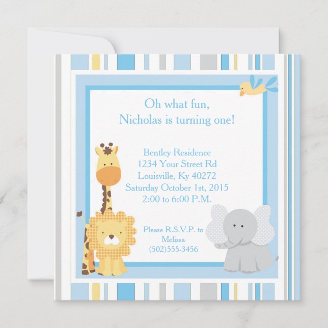 5x5 Blue Jungle 1st Birthday Invitation (Front)