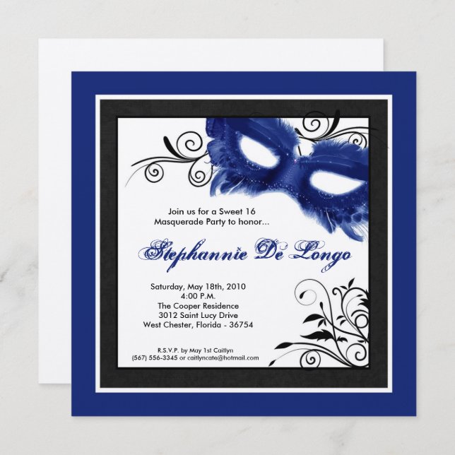 5x5 Blue Masquerade Mask 16 Birthday Invitation (Front/Back)