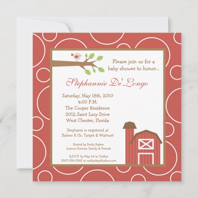 5x5 Farm Red Barn Bird Baby Shower Invitation (Front)
