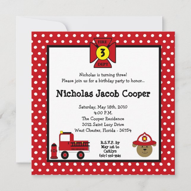 5x5 Fire Dog Firetruck Birthday Party Invitation (Front)
