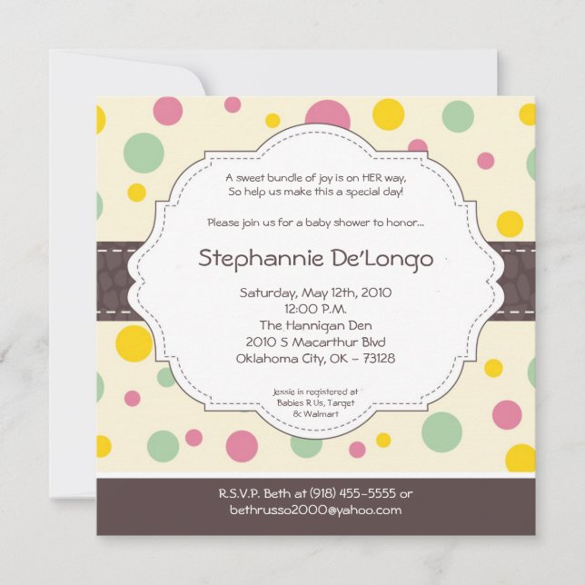 5x5 Girl Pink Polkadot Poke Baby Shower Invitation (Front)
