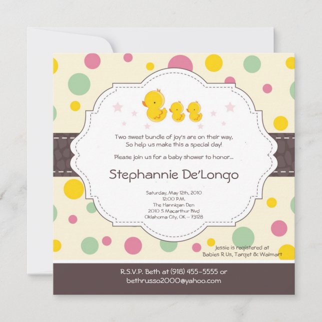 5x5 Girl TWIN Rubber Duck Baby Shower Invitation (Front)