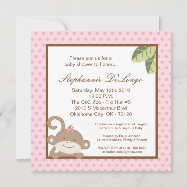 5x5 Girly Girl Pink Monkey Baby Shower Invitation (Front)
