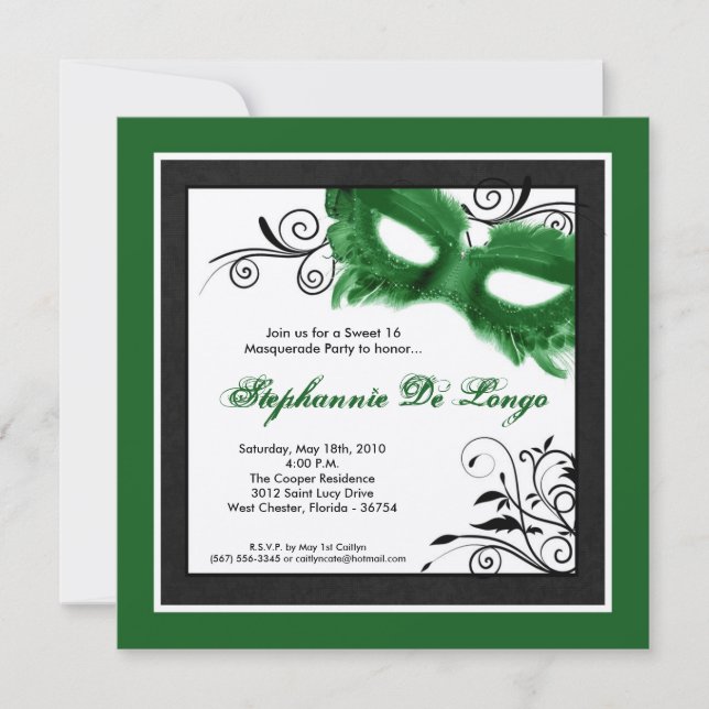 5x5 Green Masquerade Mask 16 Birthday Invitation (Front)
