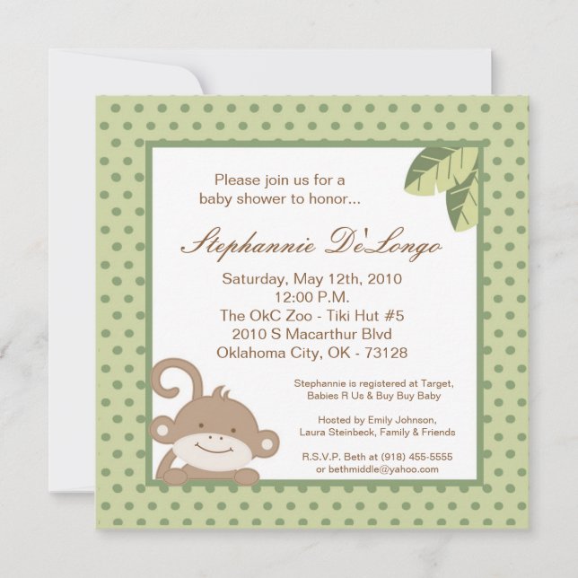 5x5 Neutral Green Monkey Baby Shower Invitation (Front)