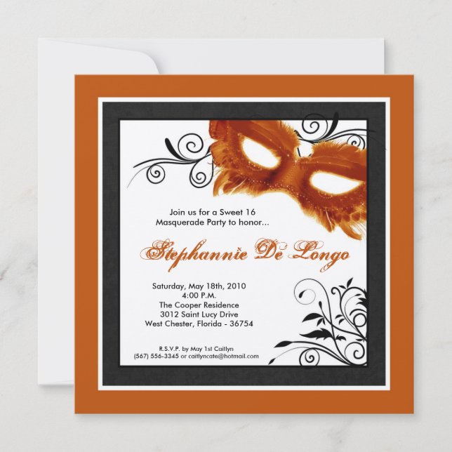 5x5 Orange Masquerade Mask 16 Birthday Invitation (Front)