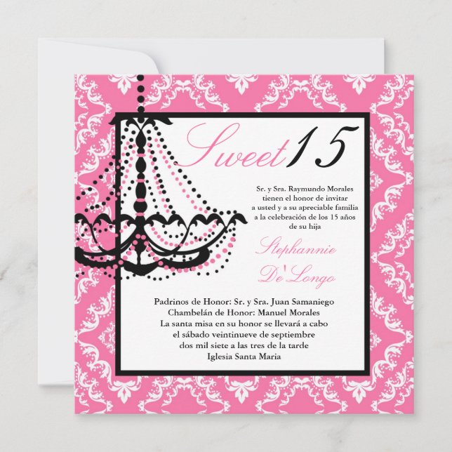5x5 Pink Chandelier Quinceanera Invitation (Front)