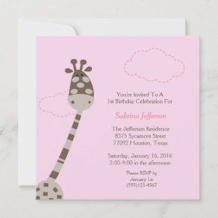 5x5 Pink Giraffe First Birthday Party Invitation