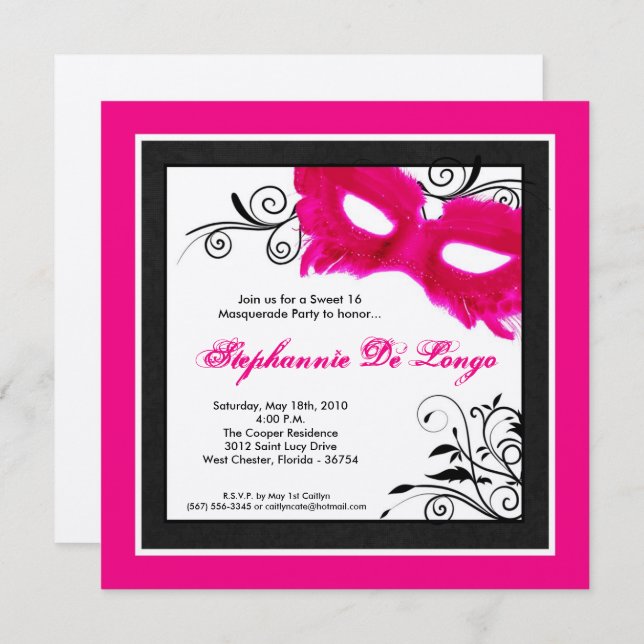 5x5 Pink Masquerade Mask 16 Birthday Invitation (Front/Back)