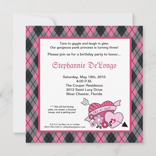 5x5 Punk EMO Rock Argyle Birthday Party Invitation (Front)