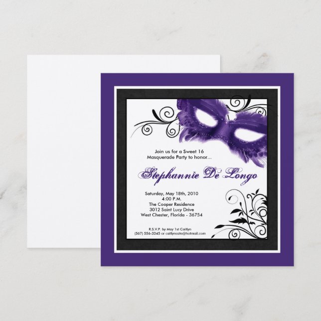 5x5 Purple Masquerade Mask 16 Birthday Invitation (Front/Back)