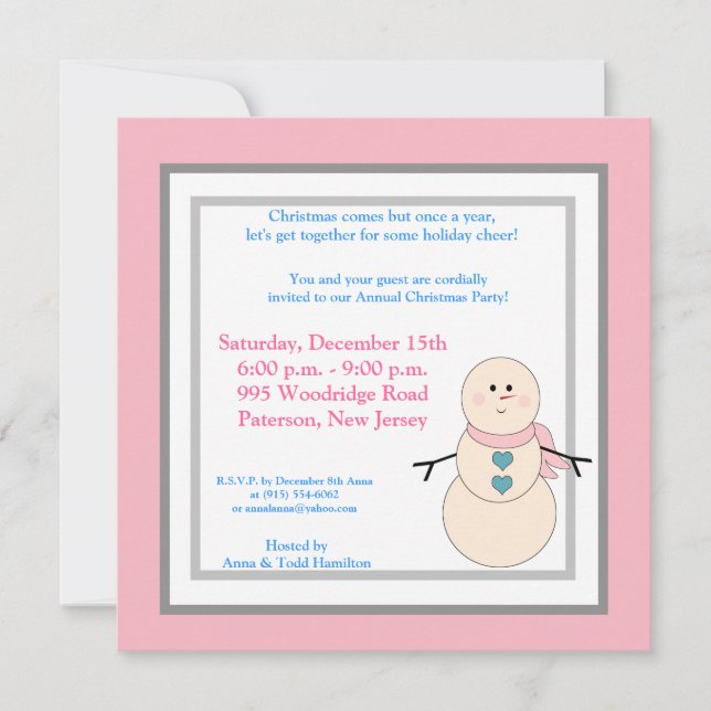 5x5 Rustic Snowman with Pink Scarf Invitation (Front)