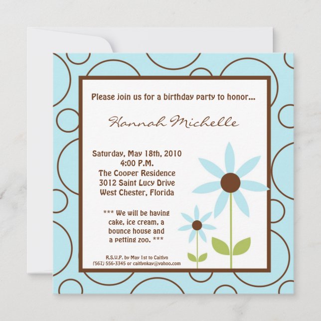 5x5 Spring Blue Flower Birthday Party Invitation (Front)