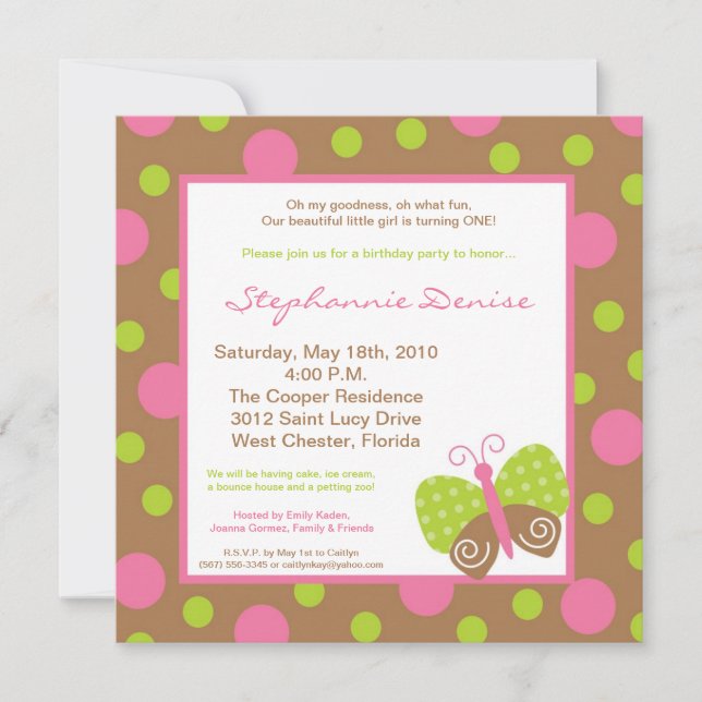 5x5 Spring Butterfly Polka Birthday Invitation (Front)