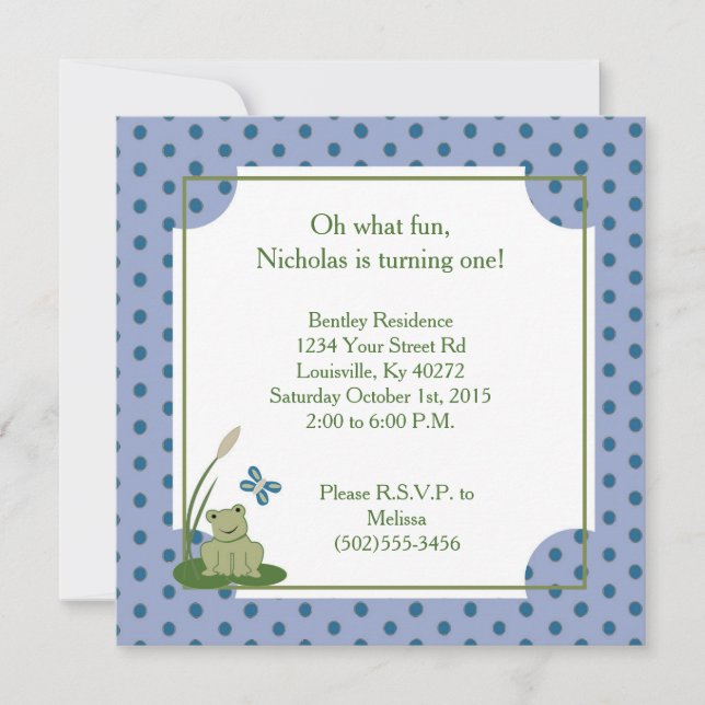 5x5 Sunny Pond Frog 1st Birthday Invitation (Front)