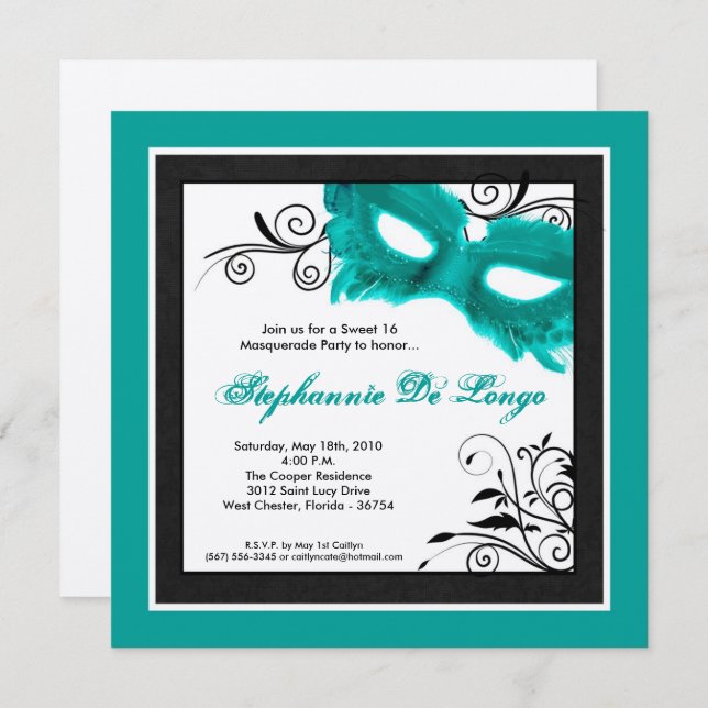 5x5 TEAL Masquerade Mask 16 Birthday Invitation (Front/Back)