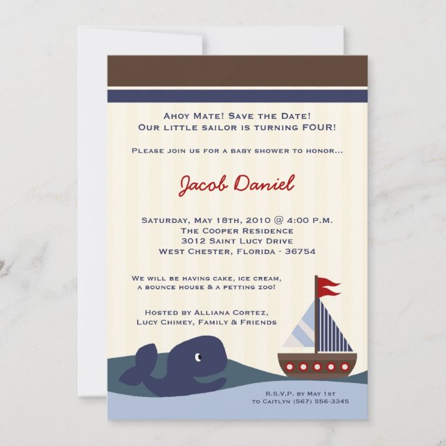 5x7 Ahoy Mate Sailboat Whal Birthday Invitation (Front)