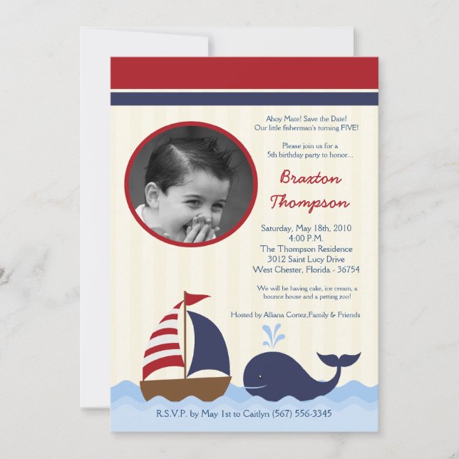 5x7 Ahoy Nautical Whale Boat Birthday Invitation (Front)