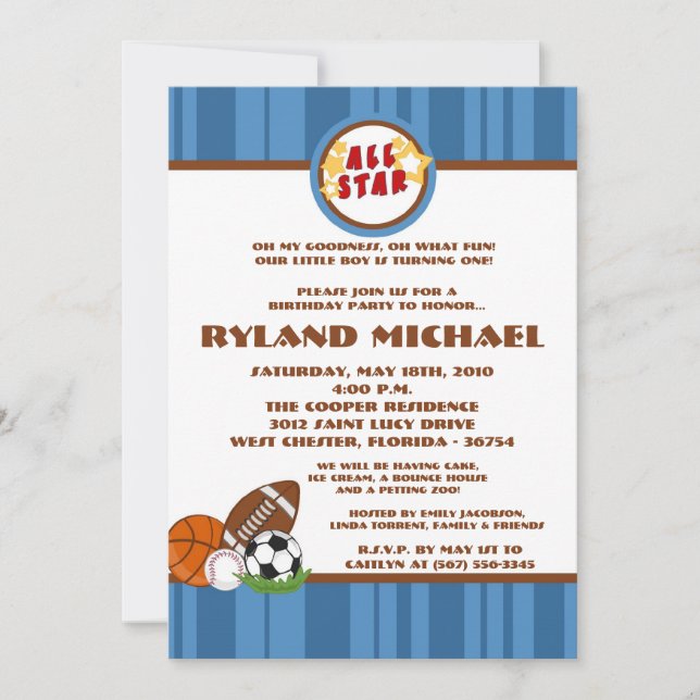 5x7 All Star Blue Birtyhday Invitation (Front)