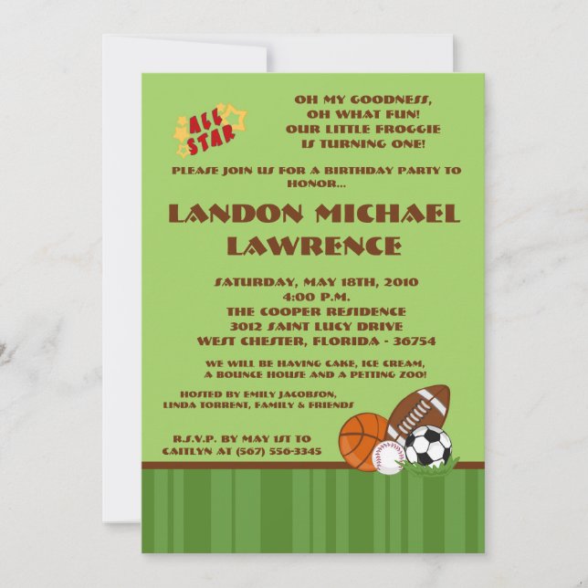 5x7 All Star Green Birthday Party Invitation (Front)