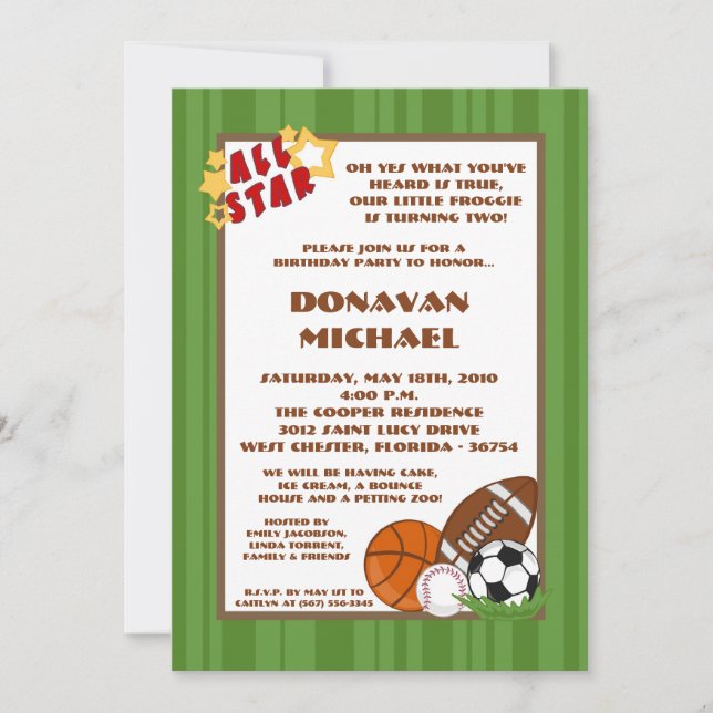 5x7 All Star Green Birthday Party Invitation (Front)