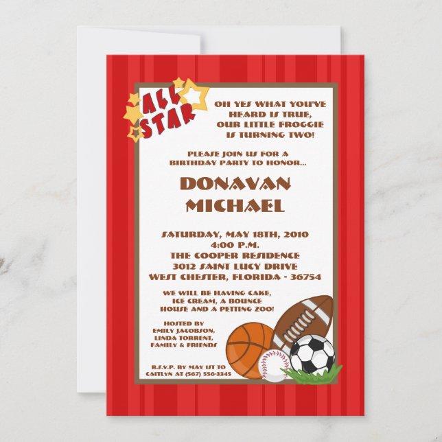 5x7 All Star Red Birthday Party Invitation (Front)