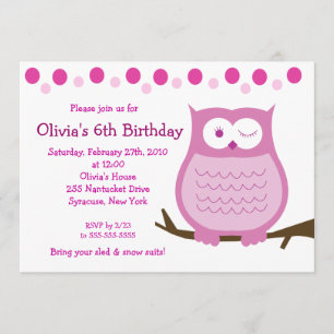 5x7 Amore Owl Pink Girl Birthday Invitation
