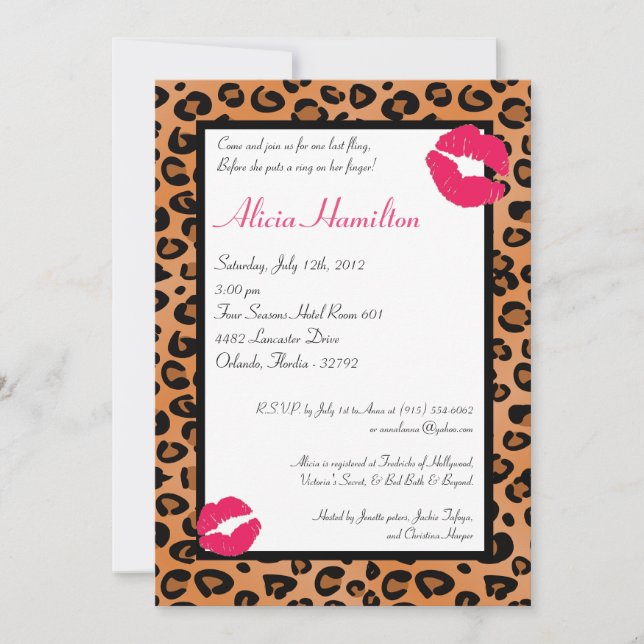 5x7 Animal Print Bachelorette Invitation (Front)