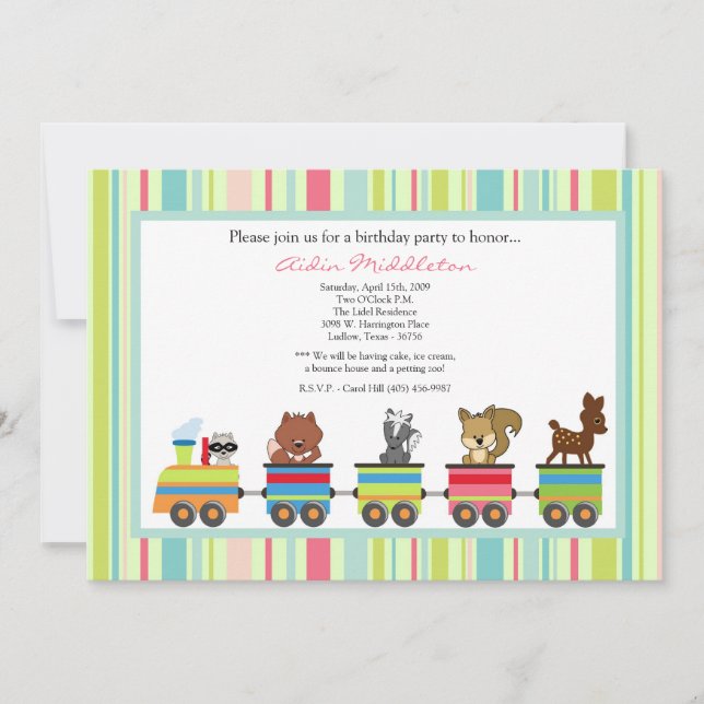 5x7 Animals Train Ride Birthday Party Invitation (Front)