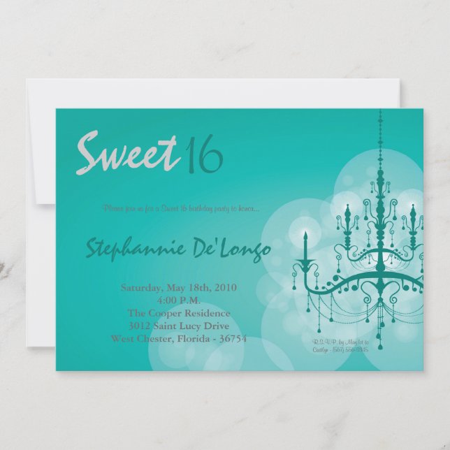 5x7 Aqua Chandelier Sweet 16 Birthday Invitation (Front)