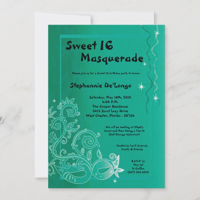 5x7 Aqua Masquerade Sweet 16 Birthday Invitation (Front)