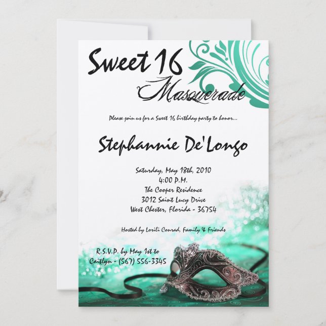 5x7 Aqua Masquerade Sweet 16 Birthday Invitation (Front)