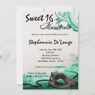 5x7 Aqua Masquerade Sweet 16 Birthday Invitation