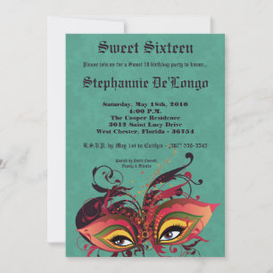 5x7 Aqua Masquerade Sweet 16 Birthday Invitation