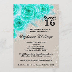 5x7 Aqua Roses Floral Sweet 16 Birthday Invitation