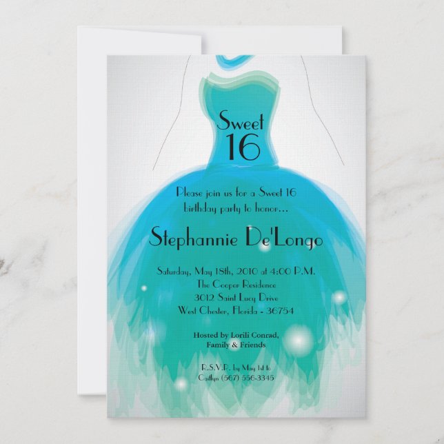 5x7 Aqua Teal Dress Sweet 16 Birthday Invitation (Front)