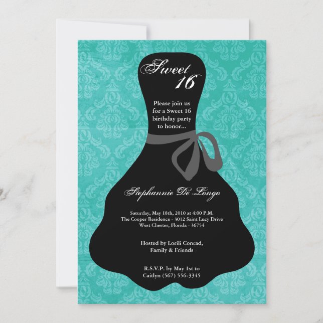 5x7 Aqua Teal Dress Sweet 16 Birthday Invitation (Front)