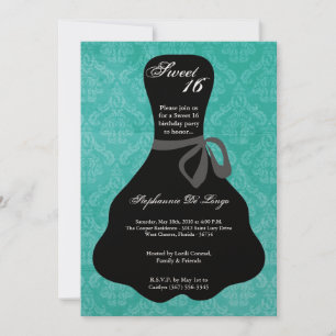5x7 Aqua Teal Dress Sweet 16 Birthday Invitation